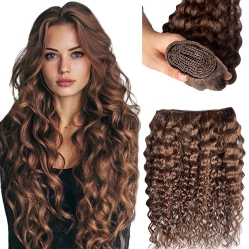 Brown Water Wave Human Hair Weft Extensions 14 Inch Sew In Curly Hair for Women - Dark Brown #4, Remy, 80g - Variation of Brown# / 14 Inch