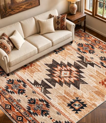 Washable Western Aztec Area Rug 6x9 ft - Terracotta Tribal Pattern for Living Room