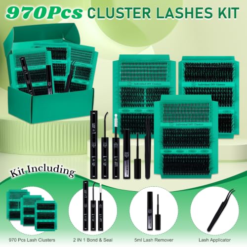 Lash Clusters Kit with 970 Fake Eyelashes, Bond & Seal, Tweezers & Remover - Variation KIT-005