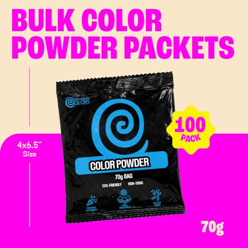 100 Pack Colored Powder Packets - 70g Each for Color Run & Holi Festivals - Vibrant Rainbow Colors - Fun Outdoor Party Supplies