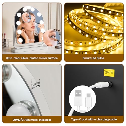 Rechargeable 14x12 Inch Lighted Vanity Mirror with 10 Bulbs and 10X Magnification - White