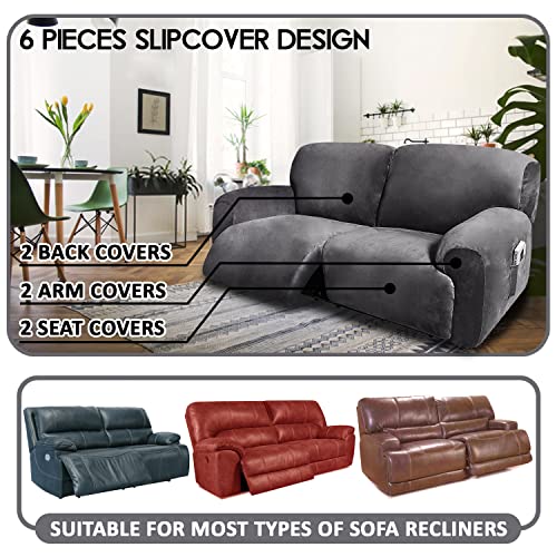 Velvet Stretch Reclining Sofa Slipcover - 75-100 Inch 2 Seater Dark Grey, 6-Piece
