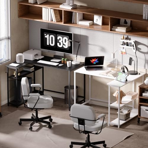 Black 43-Inch Reversible L-Shaped Computer Desk with Storage Shelves - Small Space Home Office