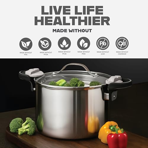 8 Qt Stainless Steel Stock Pot with Strainer Lid - Multipurpose Pasta & Cooking