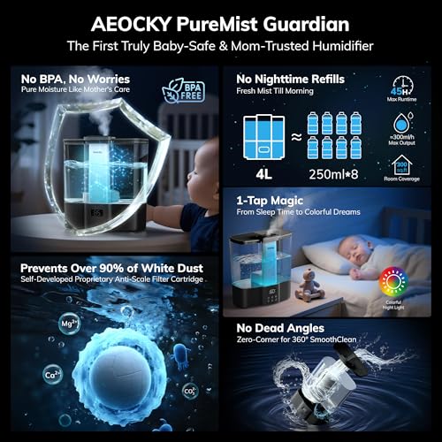 AEOCKY 4L Top-Fill Cool Mist Humidifier Black Ultrasonic Baby-Ready