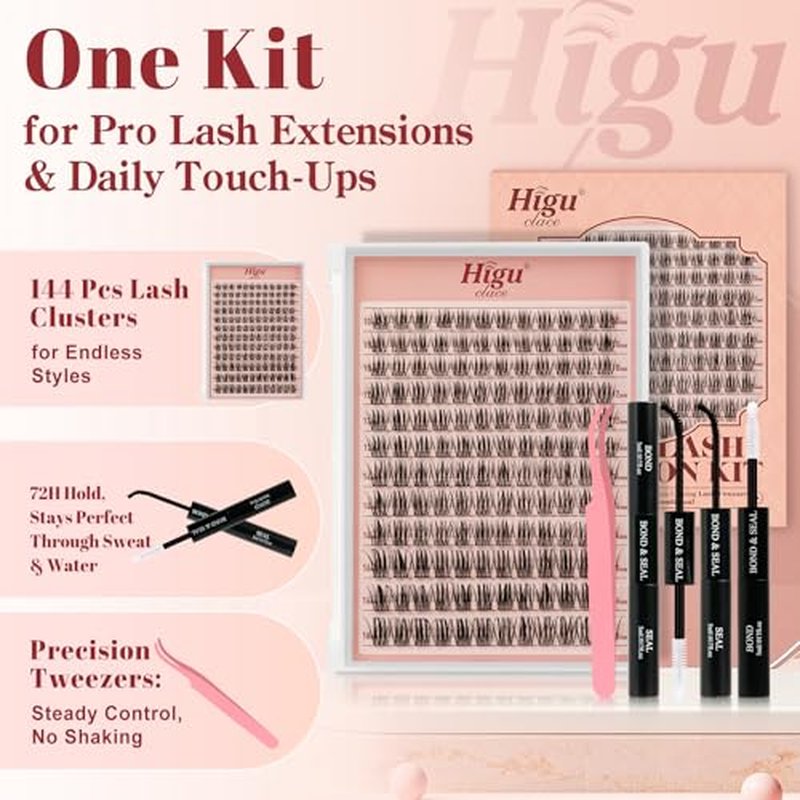 Higu clace Lash Clusters Kit, 144PCS Lashes Clusters Kit with Lash Bond and Seal, C Curl Wispy Cluster Eyelash Extensions Natural Look with Thin Band Easy to use for Beginners (A09£©