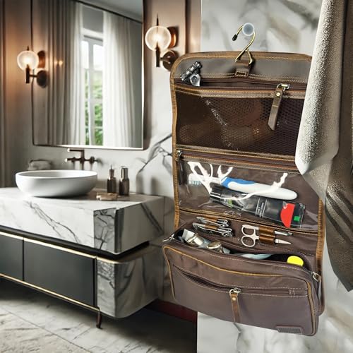 Brown Leather Hanging Toiletry Bag for Men Travel Dopp Kit Organizer