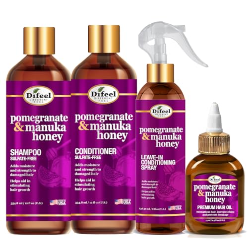 Difeel Pomegranate & Manuka Honey Hair Care Set - 12oz Shampoo, 12oz Conditioner, 8oz Leave-in Spray, 2.5oz Hair Oil
