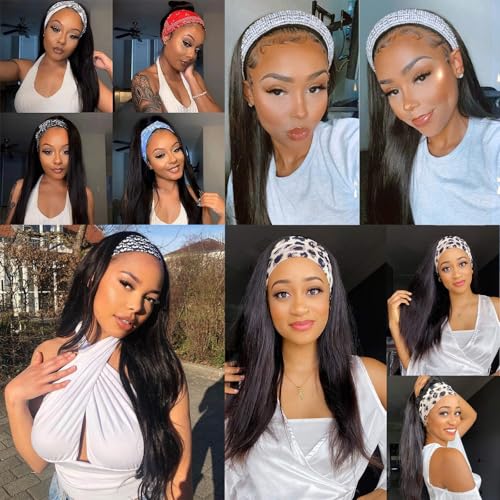 Natural Color Headband Wig Straight 12 Inch Human Hair for Black Women - No Lace, Glueless, 150% Density