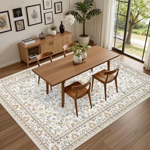 ExpediX 8x10 Area Rug - Washable Vintage Beige Living Room Rug