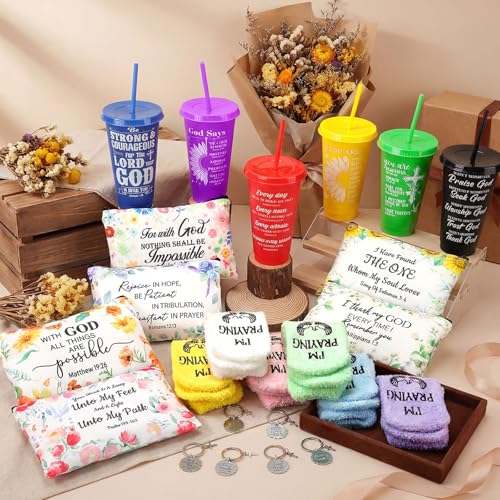 Inspirational Christian Gifts Set with Bible Verse Tumblers Socks Makeup Bags and Keychains