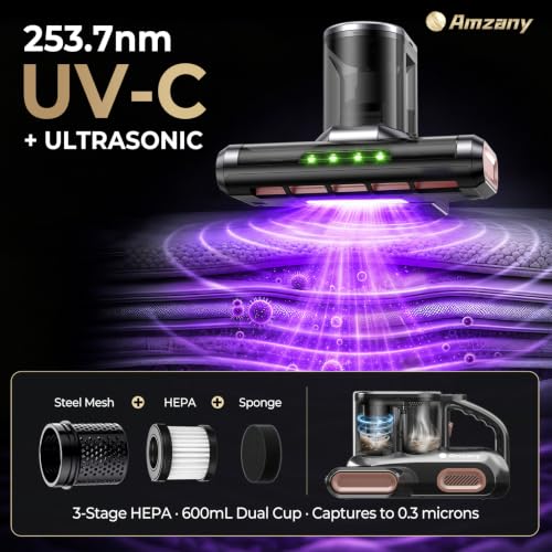 Cordless Mattress Vacuum Cleaner with UV-C Light & Ultrasonic - Grey & Gold