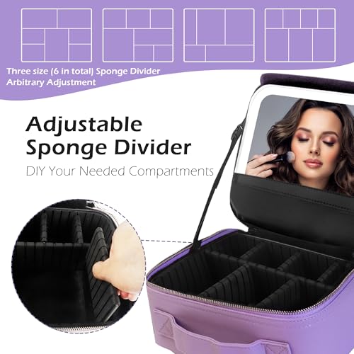 MOMIRA Travel Makeup Bag Cosmetic Bag Makeup Organizer Bag with Lighted Mirror, Adjustable Brightness in 3 Color Scenarios, Waterproof Makeup Train Case, Gift for Women - Violet(Woven)