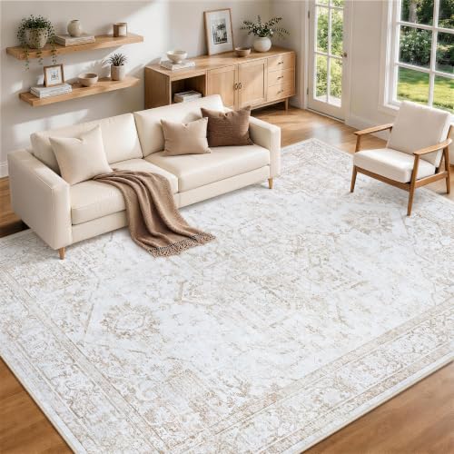 Xafir 8x10 Beige Washable Non-Slip Area Rug for Living Room