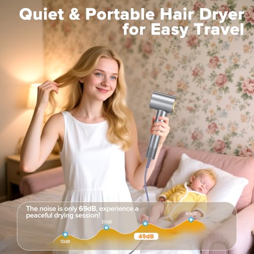 FRREGRN Professional Hair Dryer with Brushless Motor, Negative Ions, 3 Heat Settings, LED Lights, Lightweight & Travel Ready