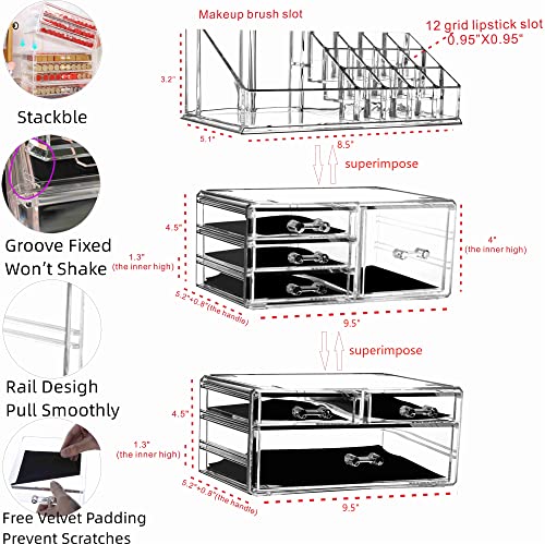 Medium Stackable Acrylic Makeup Organizer with 7 Drawers and Top Tray