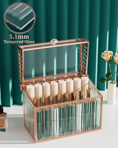 Gold Lipstick Organizer with 24 Slots - Tempered Glass Makeup Storage
