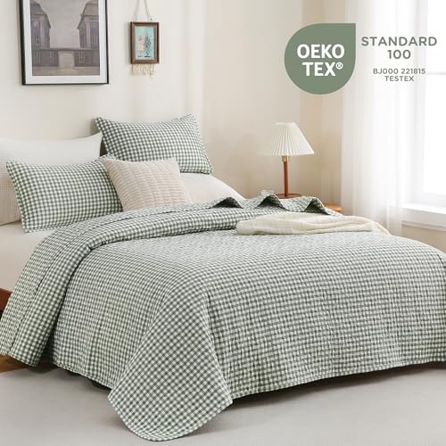 Gingham Quilt Set King Size - Green & Brown Cotton Linen-Like Bedspread