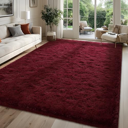 Wine Red 8x10 Burgundy Plush Area Rug - FALARK Large Non-Slip Shag Carpet