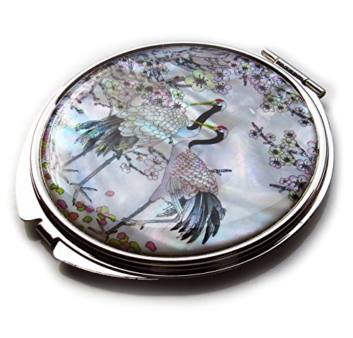 MADDesign Mother of Pearl Compact Mirror with Cranes & Apricot Tree Design - Travel Makeup Mirror, 2.5x Magnification