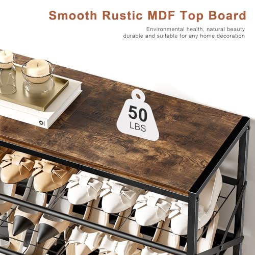 Rustic Brown 8-Tier Metal Shoe Rack with Wooden Top, Holds 24-32 Pairs