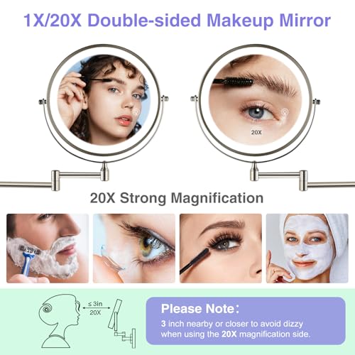 Magnifying Mirror with Lights 1X/20X Wall Mounted - Brushed Nickel 8.5"