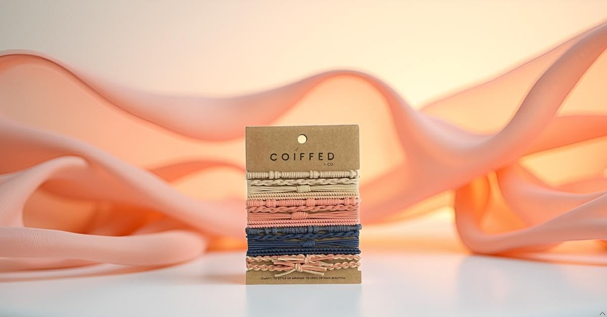 Coiffed + Co. Stacked Bracelet Hair Ties (Color: Linen, Peach, Navy) 14 Count, Hair Ties for Women, No Damage Hair Elastics, Hair Bands, Ponytail Holders, Ties for Thick and Thin Hair, Holiday Gift