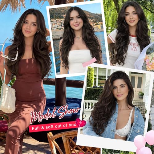 ALXNAN 24" Black Wavy Layered Clip-In Hair Extensions for Women