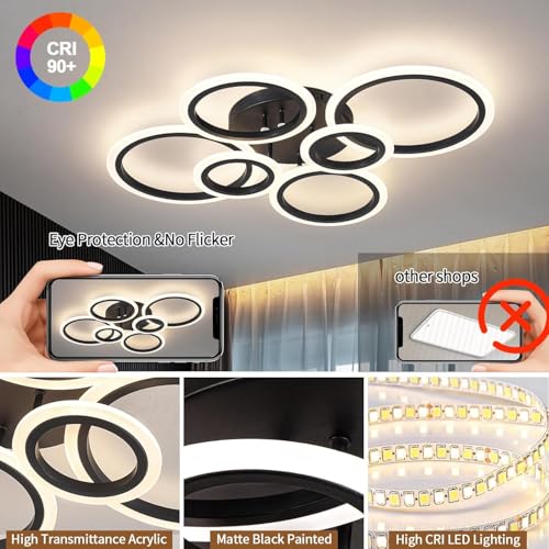 Shine LUEST Black 6 Rings LED Ceiling Light Fixture with Remote Dimmable