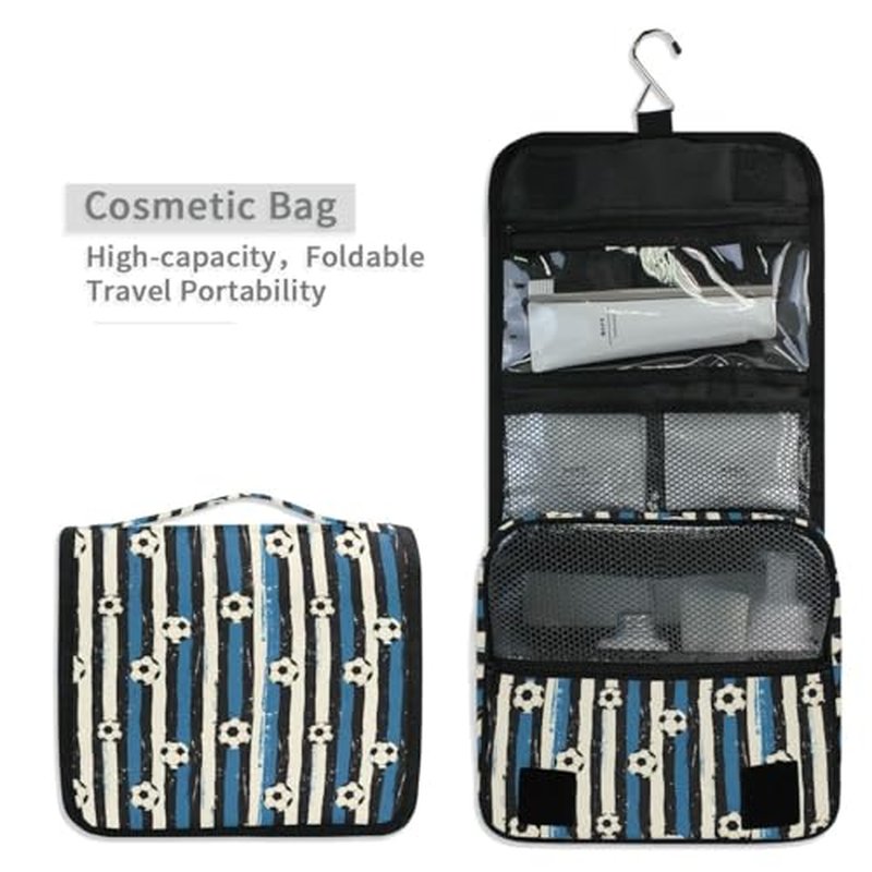 Hanging Travel Toiletry Bag Blue Black Stripes Soccer Balls Kit Makeup Case Cosmetics Organizer for Men Women