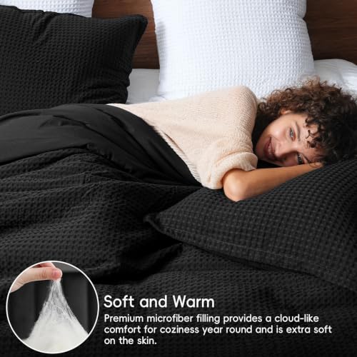 Queen Waffle Comforter Set - Ultra-Soft Microfiber, Black, 3 Pieces