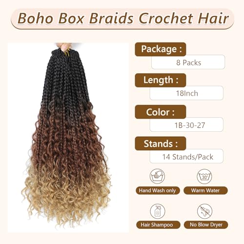 18 Inch Goddess Boho Box Braids Crochet Hair - 1B/30/27 - 8 Pack Variant