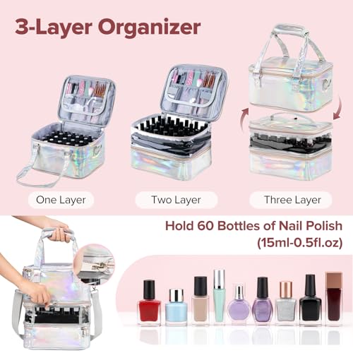 Beloving Silver Nail Polish Organizer Case 3-Layer Travel Storage Bag for Manicure Tools