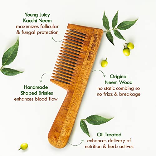 Nat Habit Back To Natural Kacchi Neem Wooden Comb - Dual Combo, 18-20cm, Frizz & Hairfall Control