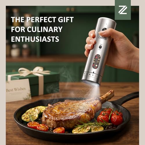 Rechargeable Salt and Pepper Grinder Set - Variable Speed Silver with 6-Level Visible Coarseness Adjustment