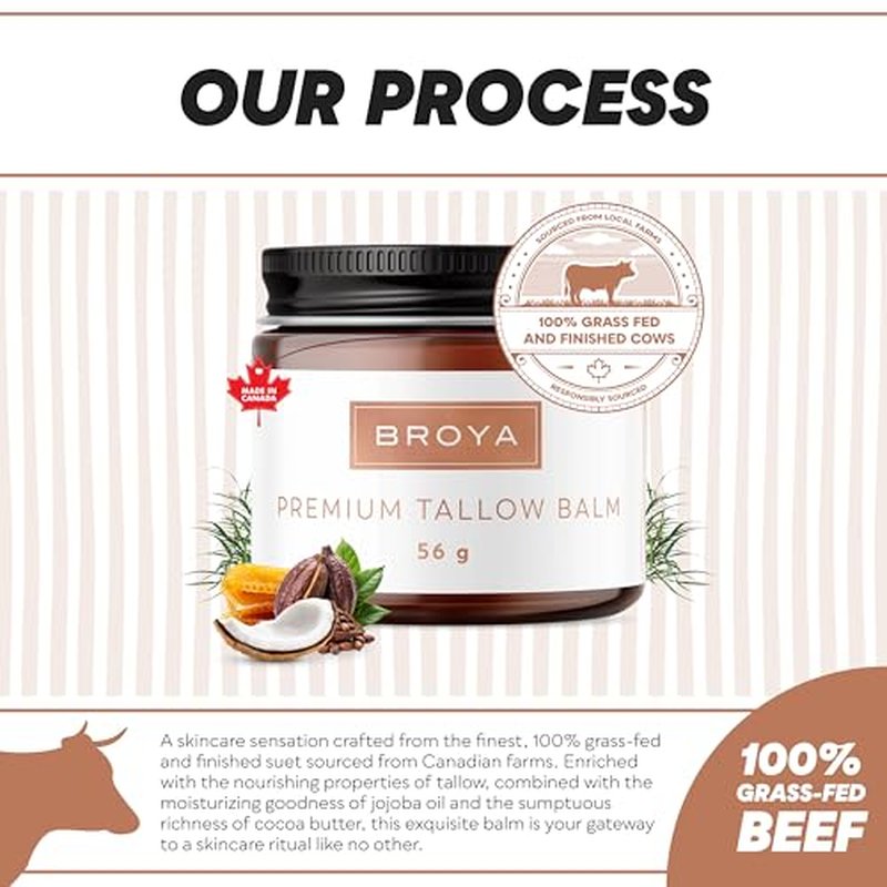 BROYA Premium Tallow Balm - Grass-Fed and Finished Beef Tallow for Skin with Jojoba Oil, Cocoa Butter and Vitamin E - Multi-Purpose Beef Tallow for Face, Body, and Lips - 56g