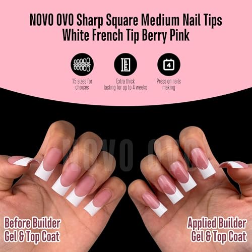 NOVO OVO Sharp Square White French Tip Nail Tips Berry Pink Set – Medium, 15 Sizes, Thick Soft Gel Fake Nails for Salon & DIY