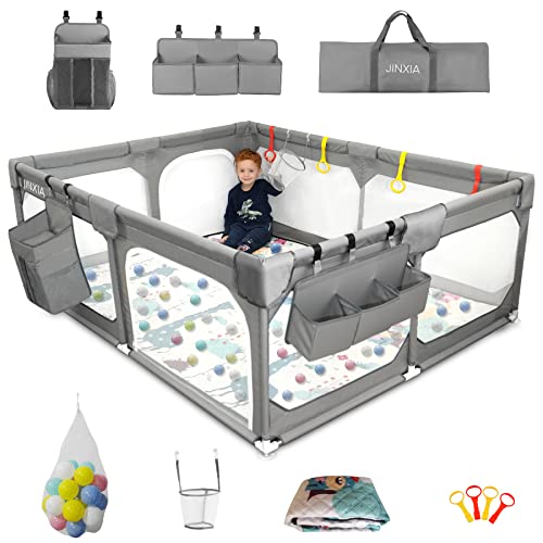 JINXIA Extra Large Baby Playpen with Mat 75x59in Grey, BPA-Free Safety Play Yard