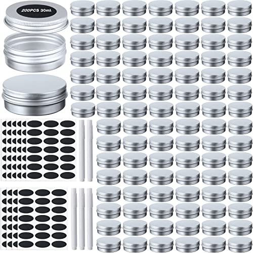 200 Pack Silver 1 oz Metal Tins with Lids for Cosmetics & DIY Projects - Includes Markers & Labels