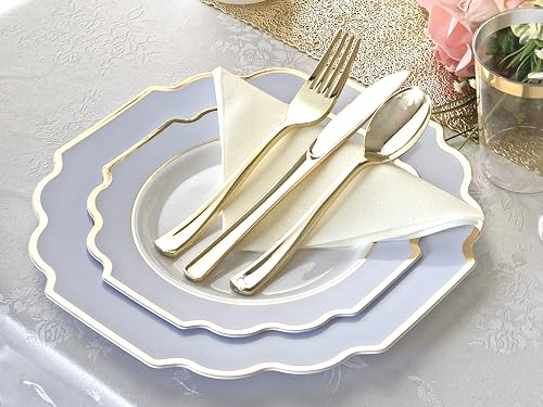 120 Pieces Disposable Plastic Dinner and Salad Plates Set - Imperial Blue & Gold, Heavyweight for Weddings & Parties