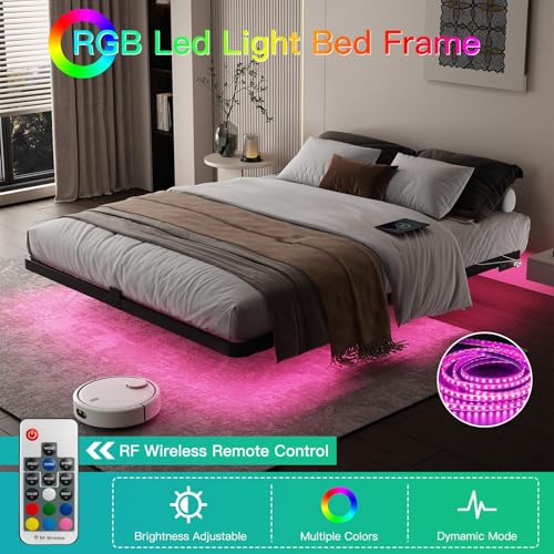 King Size Floating Platform Bed Frame with RGB LED Lights & Charging Station - Modern Metal Bed, Easy Assembly