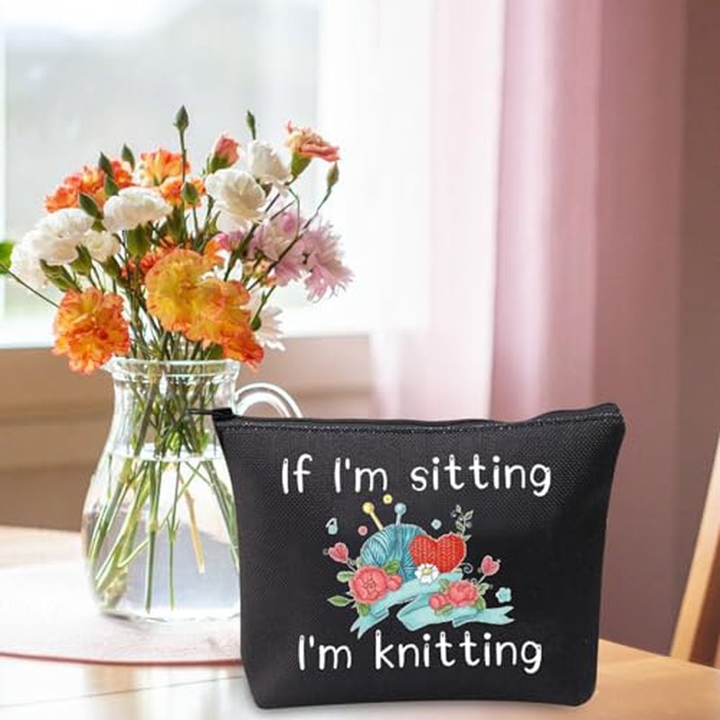 JXGZSO Funny Knitting Gift If I'm Sitting I'm Knitting Cosmetic Bag With Zipper Knitting Project Bag Crochet Lover Gift (I'm Sitting I'm Knitting Black)