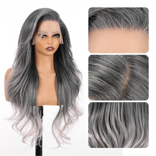Allbell 13x6 Lace Front Wigs for Black Women - Ombre Gray Silver, 28 Inch Body Wave, Preplucked Hairline with Baby Hair - Balayage Gray 1005-5GR28