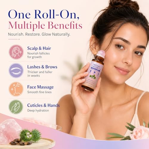 Organic Castor Oil Rose Quartz Roller Ball – 1.7 Fl Oz, Cold Pressed, Hexane-Free, Facial & Skin Care, Anti-Aging, Under Eye Puffiness, Variation 2
