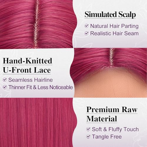 28 Inch Hot Neon Pink Synthetic Wig for Women - Long Straight Costume & Party Hair, Breathable Cap