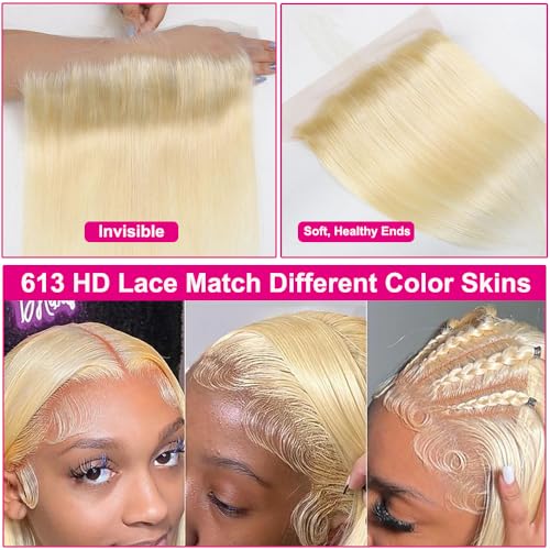 613 Blonde HD Lace Frontal Closure 13x6 14 Inch Brazilian Virgin Remy Human Hair - Free Part, Pre Plucked, Baby Hair