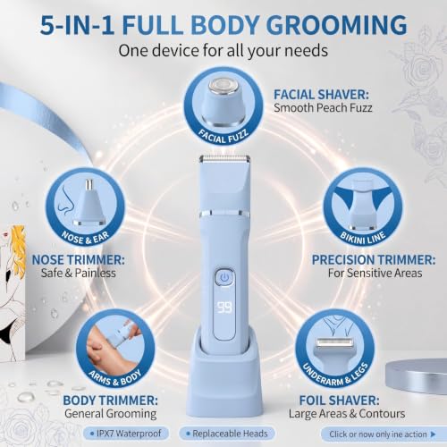 Blue 5-in-1 Women's Electric Bikini Trimmer & Shaver Waterproof Cordless