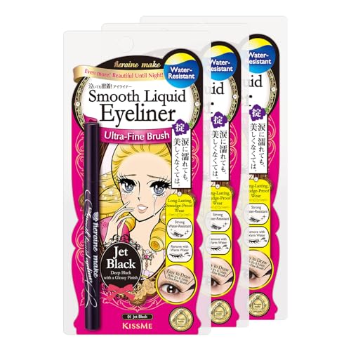 Heroine Make by KISSME Waterproof Eyeliner with Ultra-Fine 0.1mm Tip, Liquid Eyeliner Pen for Sensitive Skin, Cat Eye Liner for Long Lasting Wear, Made in Japan, Jet Black, 3 EA, SMOOTH