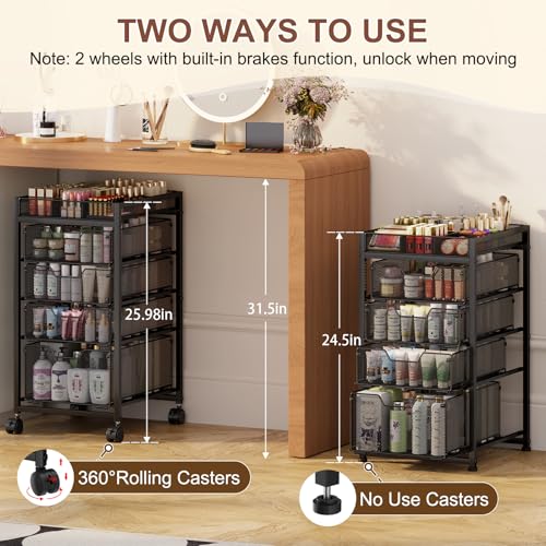5-Tier Rolling Makeup Cart Organizer with 4 Drawers, Cosmetics Display with Dividers, Floor Skincare Storage with Wheels, Versatile Vanity Organizer for Nail Polish Perfume Brush Hair Tool, Black