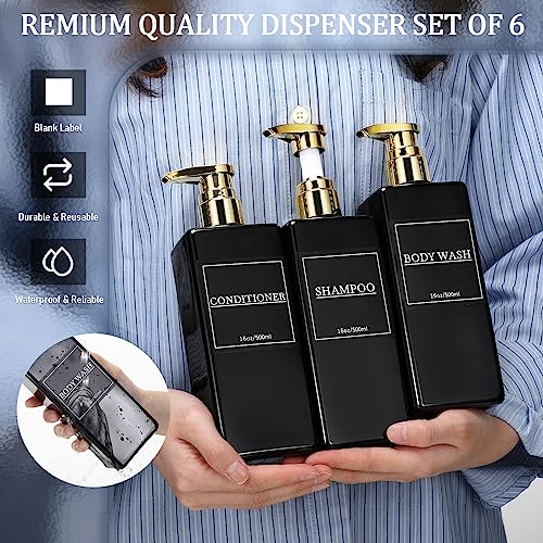 Gejoy 12 Pack Black Shampoo and Conditioner Dispenser Bottles, 17 Oz/ 500ml Refillable Empty Pump Bottles with Labels and Marker Pen, Plastic Square Pump Dispenser Bottle for Bathroom Body Wash Shower